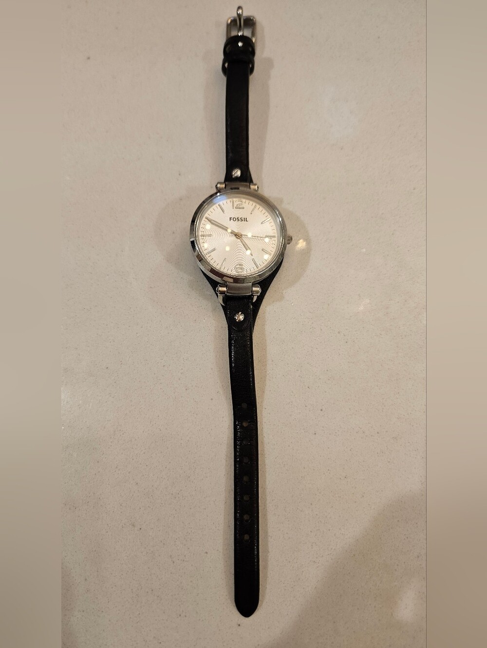 Fossil Women's Black Leather Strap Watch with Silver Dial Accents